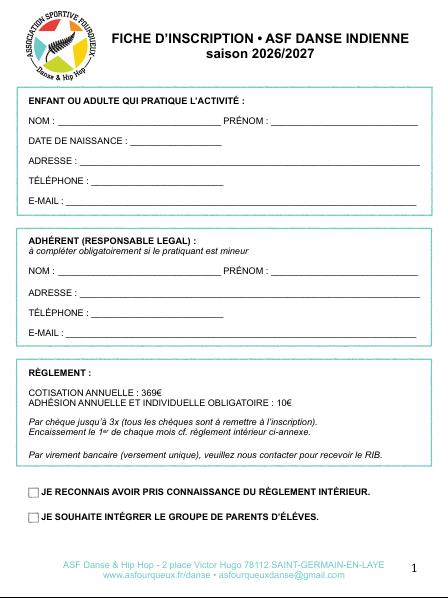 Fiche d'inscription – Danse indienne